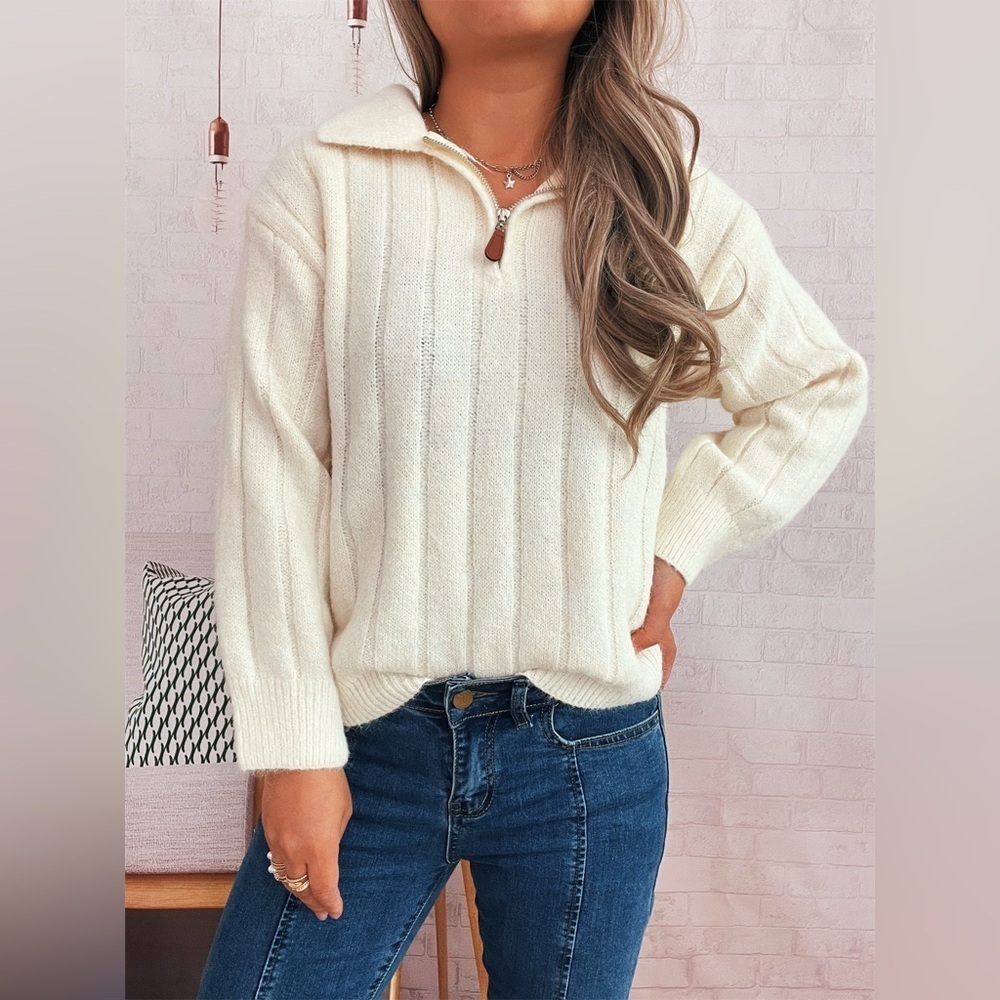 Ribbed Hem Quarter Zip Sweater - Picture 5 of 14
